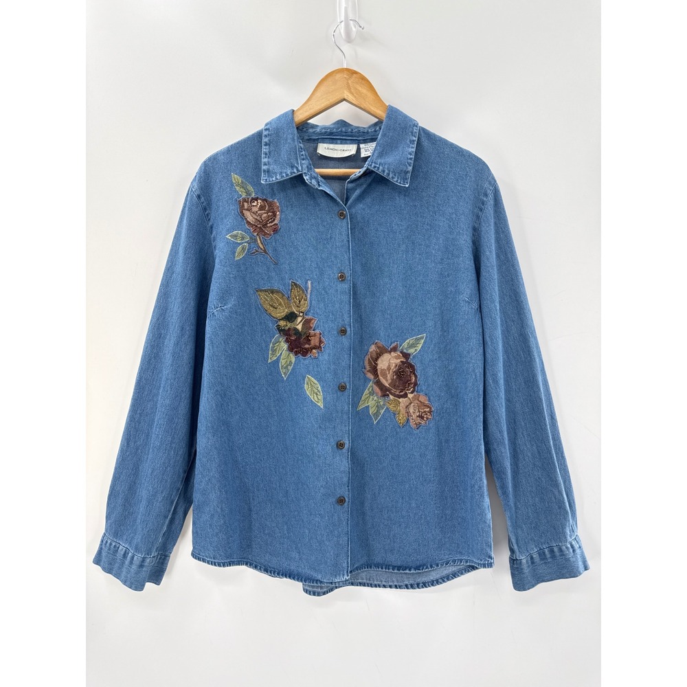 Vintage Lemon Grass Denim Shirt L Embroidered Floral Roses 100% Cotton Y2K